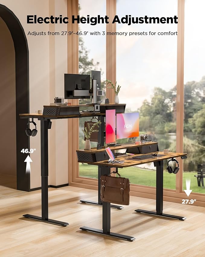 48x24 Inch Standing Desk with Double Drawers,C-Clamp Mount Compatible,Electric Adjustable Height Computer Stand Up Desks, Home Office Sit Stand Table with 3 Preset Heights & Hooks, Rustic Brown