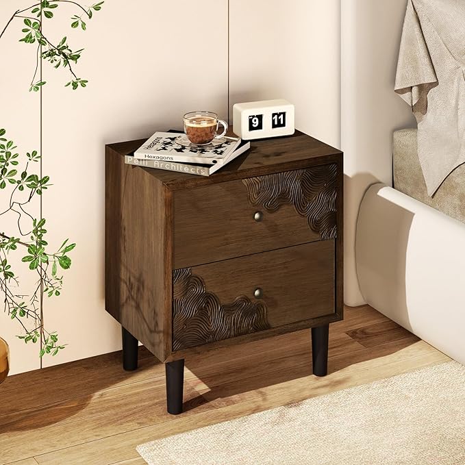 COSIEST Modern Nightstand with 2 Storage Drawers, Mid Century End Table, Accent Side Table, Vintage Wood Luxury Night Stand for Bedroom, Living Room, Walnut