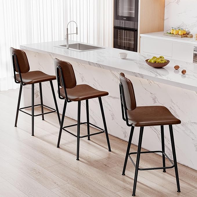 24-Inch Leather Bar Stools, Counter Height Barstools with High Backrest，Bar Chairs for Kitchen Island with Heavy Duty Metal Legs, Dark Brown