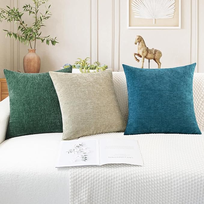 CaliTime Throw Pillow Covers Decorative 26 X 26 Inches Pack of 2 Cozy Chenille Cushion Cases for Couch Sofa Bed Living Room Home Dark Green