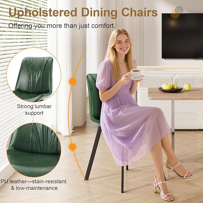 Upholstered Dining Chairs Set of 2, Modern Kitchen & Dining Room Chairs, Faux Leather, Sturdy Metal Legs, for Living Room, Cafe & Restaurant- Green