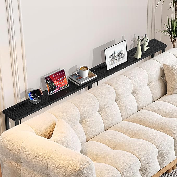 GRLEAF 70" Sofa Table with Built-in Power Strip (4 AC Outlets & 4 USB Ports) – 4.9ft Power Cord, Metal Frame, Easy Assembly, Long Couch Table Behind Sofa, Hallway, Living Room and Home Office | Black