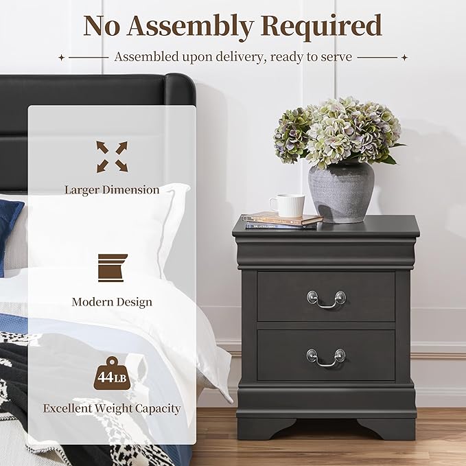 Yaheetech Fully-Assembled Nightstand with Drawers, Classic 2-Drawer Nightstand Large Bedside Table with Storage, Wooden Painted Storage Cabinet for Bedroom, 21.5″L×16″W×24.5″H, Rustic Gray