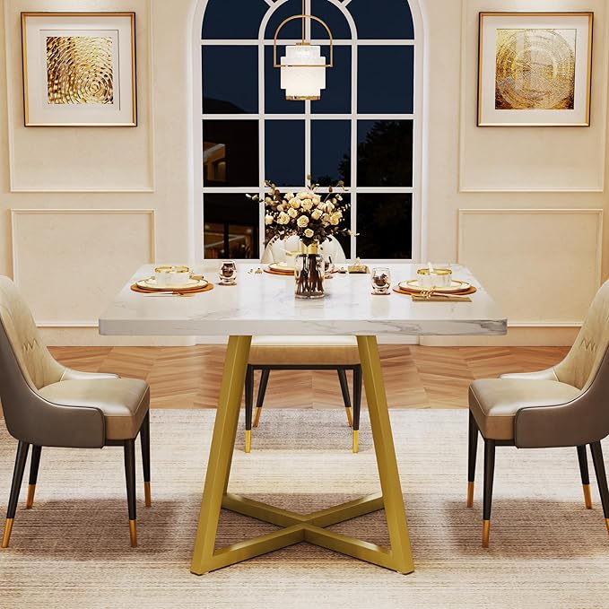 Tribesigns Square Dining Table for 2, 31.5" Modern Dinner Table with Metal Base, Kitchen Table for Dining Room, Small Space, Apartment, White & Gold