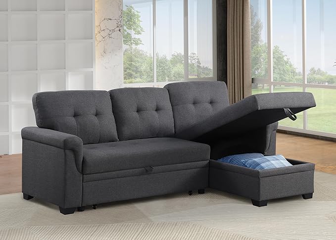 Devion Furniture Philly 4-in-1 Convertible L Shaped Couch with Pull Out Bed and Storage, Sectional Sleeper Sofa with Reversible Chaise for Living Room, Apartment, Bedroom, Office