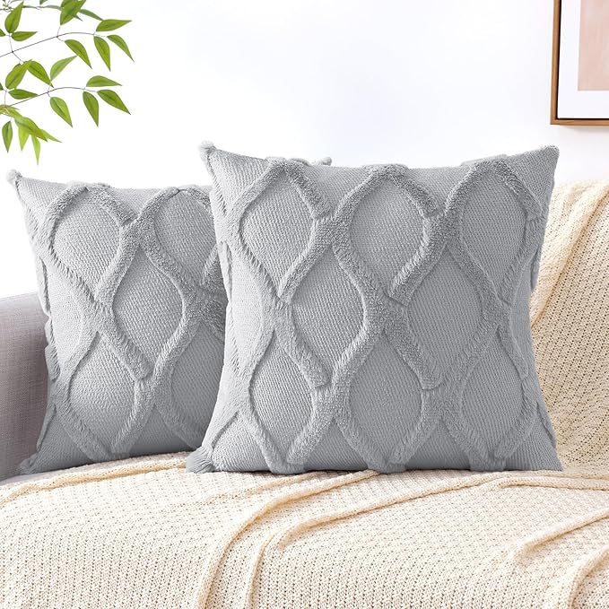 decorUhome Throw Pillow Covers 24x24 Inch Set of 2, Soft Plush Faux Fur Wool Grey Couch Pillow Covers, Decorative Neutral Pillow Cases for Bed Sofa Living Room Home Decor