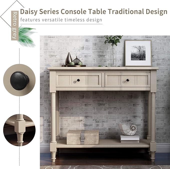 Bellemave Console Table with Drawers, Retro Entryway Table with 2 Drawers and Open Storage Shelf, Narrow Long Sofa Table, Behind Couch Table for Living Room, Foyer and Hallway, Retro Grey