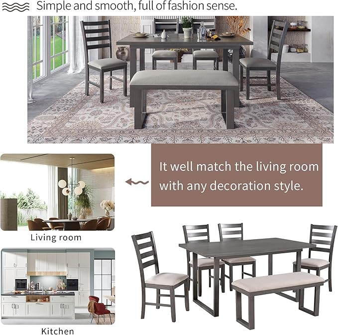 6 Pieces Dining Table Set with 60" Rectangle Kitchen Desk,Wooden Living Room Furniture W/ 4 Ladder Back Upholstered Chairs and 1 Bench,for Restaurant,Home Bistro,Gray