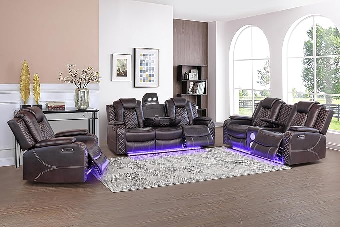 Ball & Cast Power Recliner Sofa Set Leather Reclining Sofa Set Living Room Furniture Set 3PCS Recliner Couch Loveseat & Chair Sets with Coffee Table,Reading Light,Cup Holders for Home Theater Seating