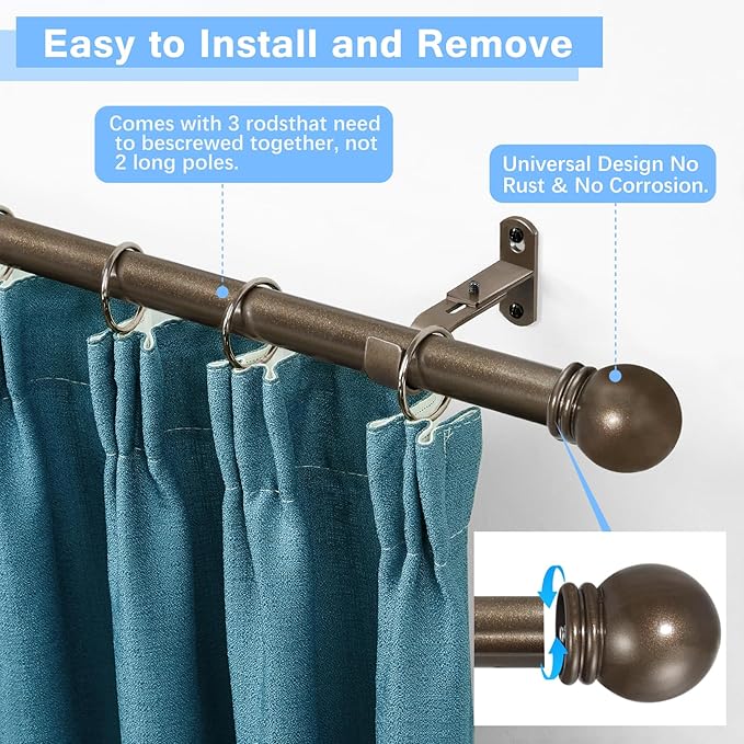 Curtain Rods for Windows 16 to 48 Inches, Curtain Rod Max Adjustable Length of 60 IN, 1" Diameter Drapery Rods Round Finials, Brown, Pack of 1