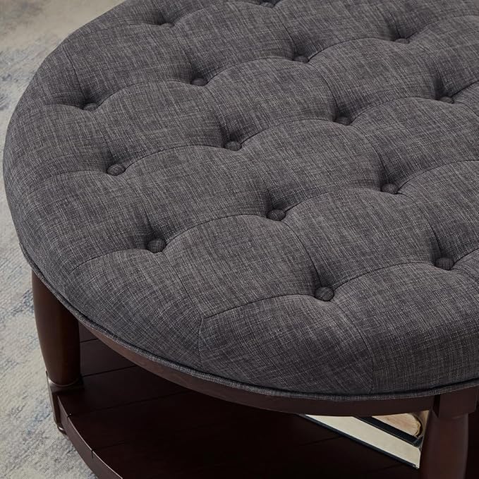 24KF Upholstered Round Coffee Table with Wooden Shelf, Tufted Button Large Round Ottoman with Spindle Wooden Legs, Linen Large Footrest Ottoman Pouf for Living Room, Dark Gray