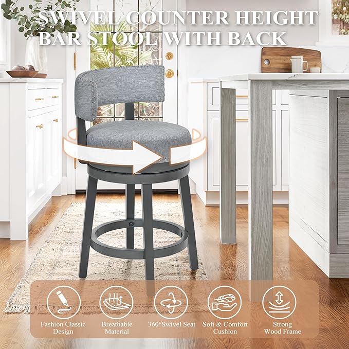 COLAMY Swivel Counter Height Bar Stools Set of 3, 25 Inch Modern Upholstered Kitchen Island Barstools with Back, Wood Swivel Bar Chairs for Counter Bar Dining Room, Grey