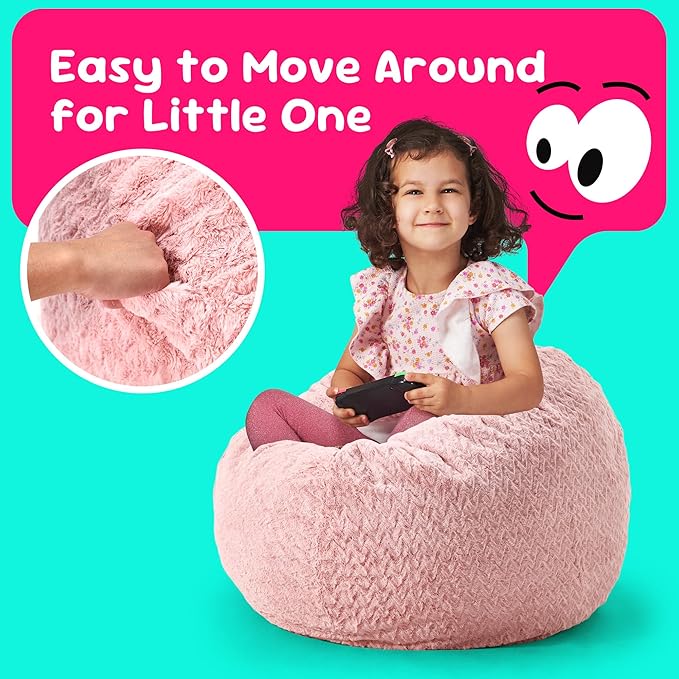 Hobestluk Bean Bag Chairs 2.5FT Bean Bag Chair with Memory Foam Filled & Chevron Plush Fur Cover Small Bean Bag Chairs for Playroom, Living Room, Bedroom (Pink)