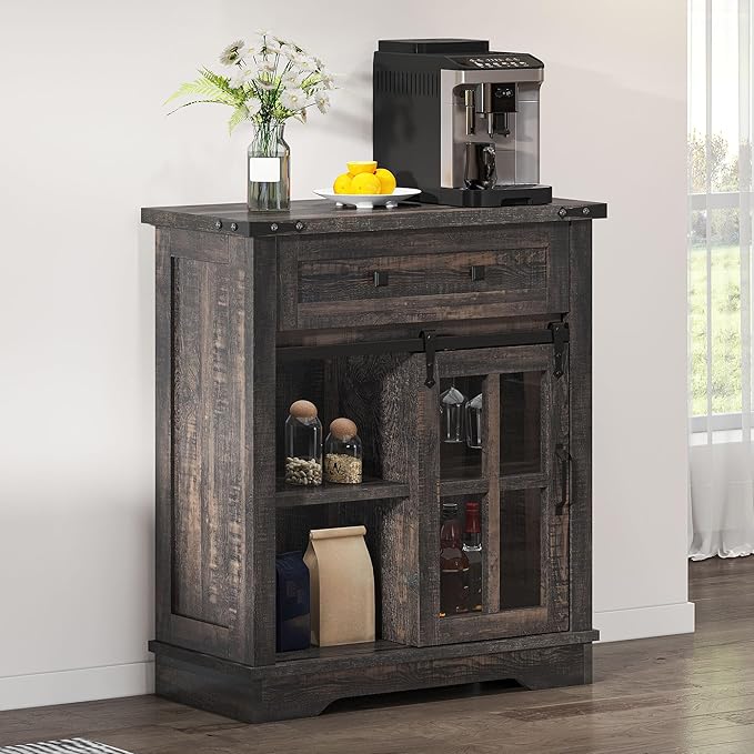 DWVO Farmhouse Coffee Bar Cabinet, Sideboard Buffet Cabinet with Drawer & Adjustable Shelves, Storage Cabinet with Sliding Barn Door for Kitchen and Living Room, Dark Rustic Oak