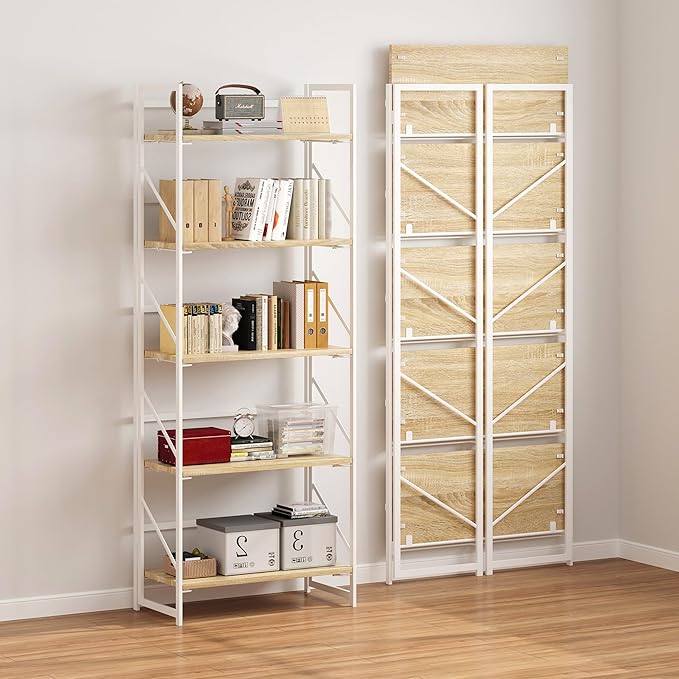 JSB No Assembly Folding Bookshelf, 5 Tier Industrial Metal Book Shelf for Storage, Vintage Wood Foldable Bookcase for Living Room, Bedroom, Office Organization Shelves