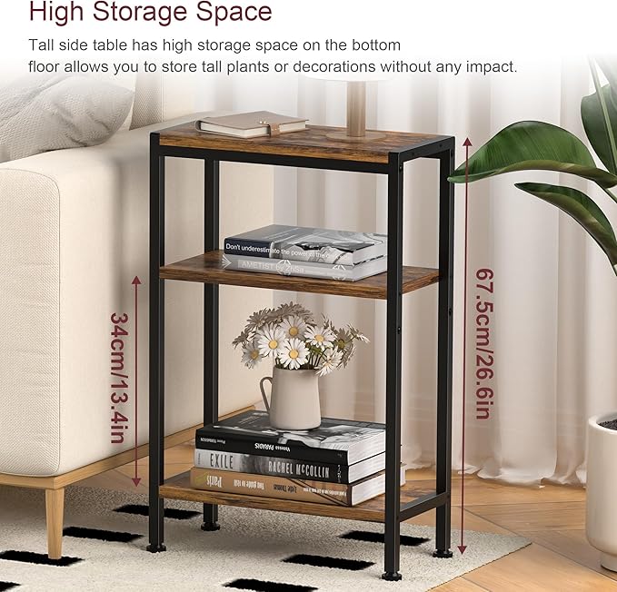 Narrow Side Table for Small Space, 3-Tier Small End Table with Shelf Holder, Slim Nightstand, Skinny Snack Couch Table in Living Room, Bedroom, Study, Kitchen and Balcony（Rustic Brown