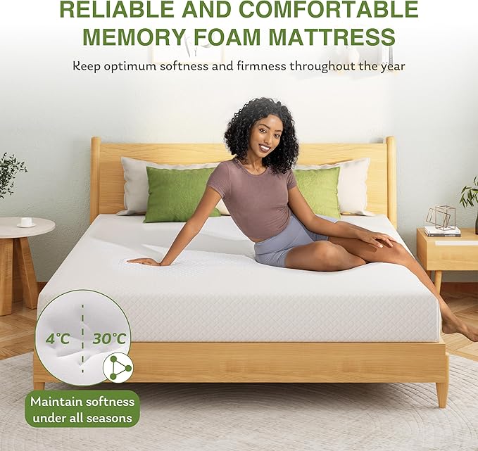 10 Inch Queen Mattress, Memory Foam Mattress in a Box with Cooling Green Tea Gel, Relieve Pressure with Medium Support, CertiPUR-US Certified, 80''L x 60''W, White