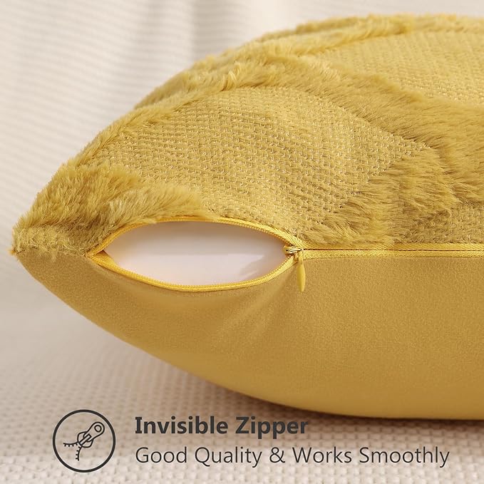 decorUhome Fall Throw Pillow Covers 26x26 Inch Set of 2, Soft Plush Faux Fur Wool Mustard Yellow Couch Pillow Covers, Decorative Neutral Pillow Cases for Bed Sofa Living Room Home Decor