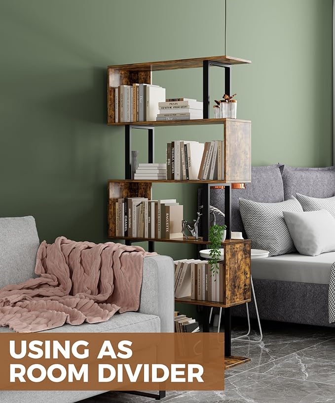 Gadroad 5-Tier Geometric Bookcase,S Shaped Bookshelf, Wood Decorative Storage Shelving, Modern Freestanding Display Shelves, Tall Book Shelf Unit for Living Room Bedroom, Rustic Brown