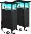 Narrow End Tables Living Room Set of 2 with Charging Station, Skinny Side Table with Fabric Drawers, Slim LED Nightstand for Bedroom, Small Spaces, Couch, Black, HETNDP03LBK
