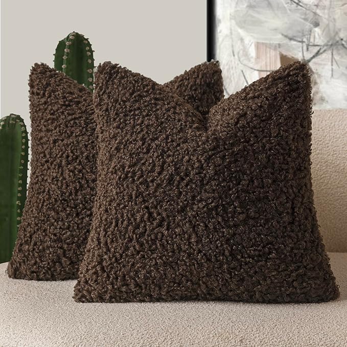 Foindtower 2 Pieces 20x20 Inch Dark Brown, Faux Fur Throw Pillow Cover Accent Sherpa Furry Pillow Covers Fuzzy Soft Pillowcases Cozy Sheepskin Decorative Fleece Cushion Case for Bed Couch Living Room