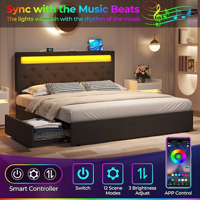 Rolanstar Full Size Bed Frame with 4 Storage Drawers and Charging Station, Full Bed with Led Lights, 2 USB & 1 Type C, Adjustable Headboard 38.9/40.9 Inches, No Box Spring Needed, Grey