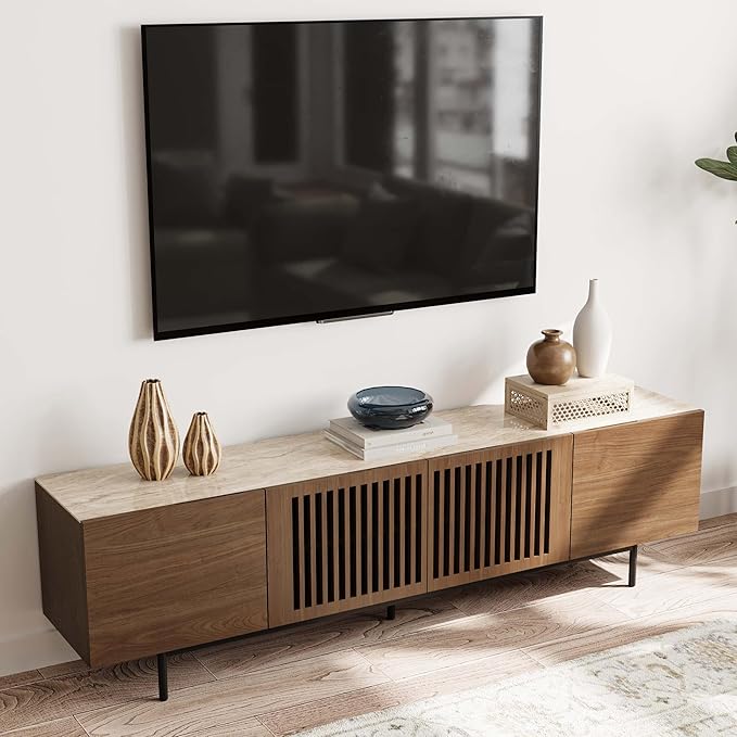 POVISON Mid Century Modern Sintered Stone TV Stand, Slatted Media Console TV Cabinet with Tall-cast Metal Legs, Fluted Entertainment Center with Storage, Fully-Assembled (Walnut, 78.74")