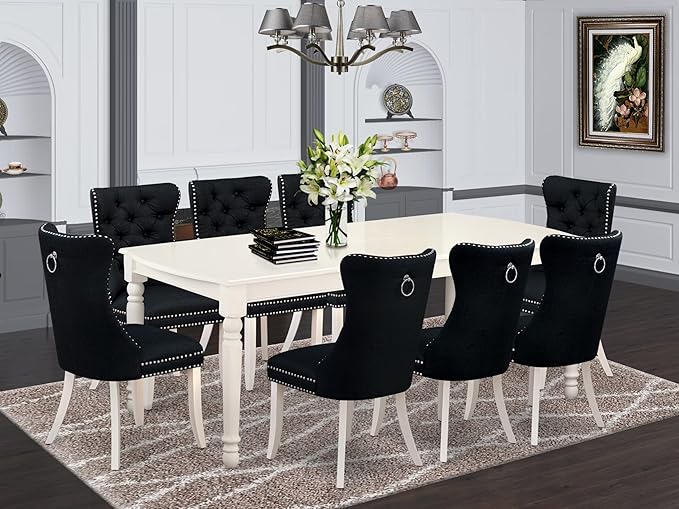 East West Furniture DODA9-LWH-24 9 Piece Kitchen Table Set Includes a Rectangle Dining Table with Butterfly Leaf and 8 Polyester Fabric Padded Chairs, 42x78 Inch, linen white