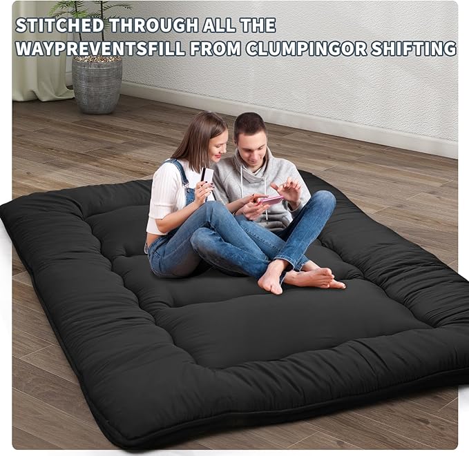 Japanese Floor Mattress,4" Thicken Japanese Floor Sleeping Pad Foldable,Futon Mattress Suitable for Camping and Guest Room (Black, Full (80" X 47"))