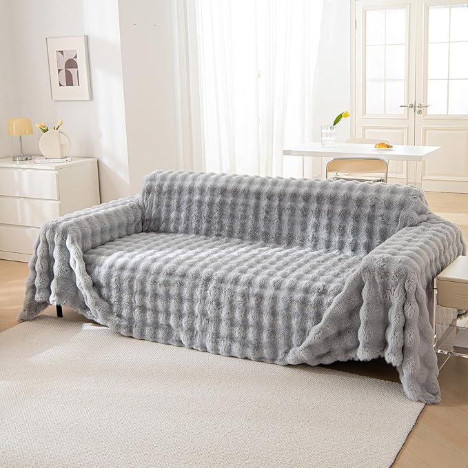 VM VOUGEMARKET Grey Couch Cover 1-Piece Universal Thick Faux Rabbit Fur Sofa Throw Cover Warm Soft Smooth Loveseat Cover Furniture Cover,Fluffy Plush Throw Blanket- Grey,71" x 118"