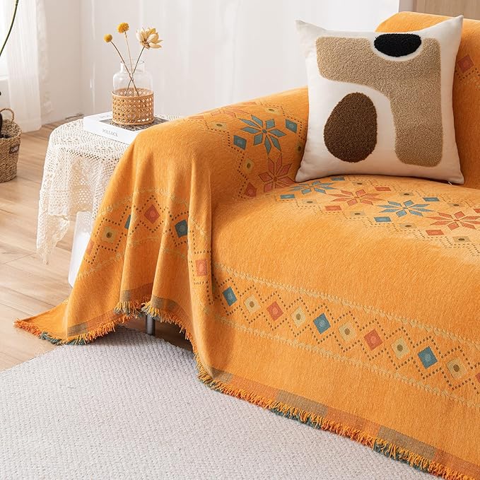 STACYPIK Soft Orange Sofa Cover, Boho Chenille Couch Cover for 2 Cushion Couch, Anti-Slip Jacquard Furniture Protector, Loveseat Cover for Sectional, Multi-use Sofa Slipcover Pet-Friendly-71X118IN