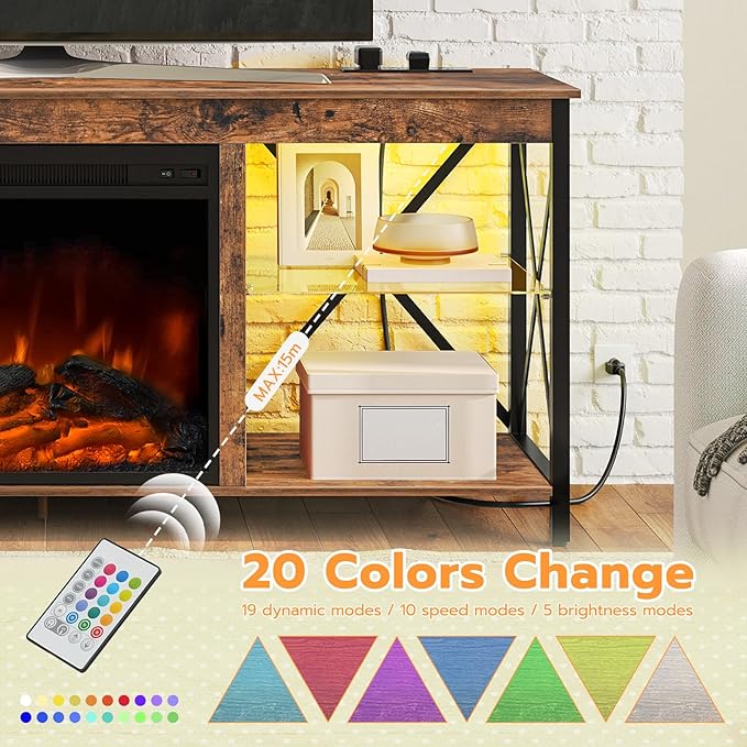 HOOBRO Fireplace TV Stand with Charging Station and LED Lights, TV Stand with Fireplace for TVs up to 55", Entertainment Center with Fireplace, Glass Shelves, Rustic Brown and Black BF120UDDS01