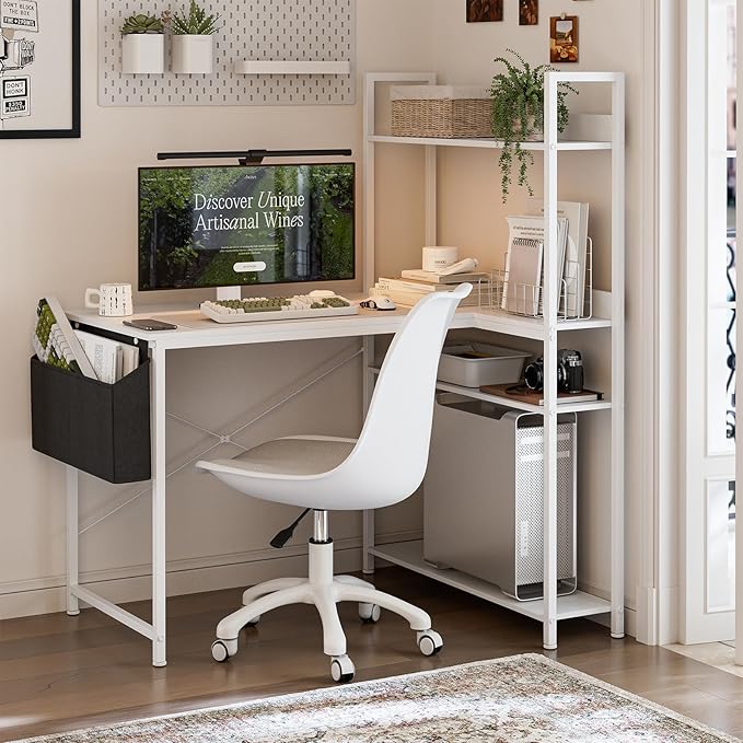 40 Inch L Shaped Computer Desk with Reversible Storage Shelves, Home Office Corner Desk Study Writing Table with Hutch, Study, White