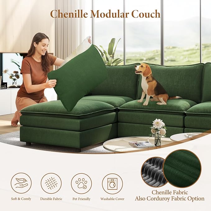 Vesgantti Large Modular Sectional Sofa, Big Comfy Cloud Couch with Ottoman Deep Seat Chenille Cloud Sofa, 9 Seater Large Sectional Couches for Living Room, Bedroom and Apartment, Green