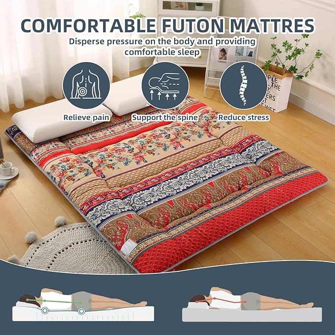 Bohemian Retro Japanese Floor Mattress, Vintage Floral Tatami Floor Mat, Portable Roll up Futon Mattress for Guest,Tavel (A,Full 80" X 47")