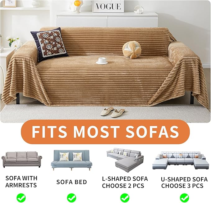 HAOMAIJIA Faux Fur Sofa Covers Couch Covers for 3 Cushion Couch Sofa Pet Friendly Soft Non Slip Couch Cover for Dogs Washable Sectional Couch Covers L Shape Furniture Protector (Khaki, 91"x134")