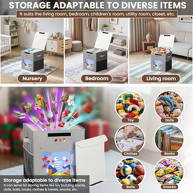 40L Large Toy Storage Box with Lid, Large Toy Box Chest for Kids, Girls and Boys, Nursery Room and Living Room, 13"x13" x16" (grey-animal)