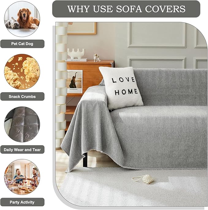 STACYPIK Chenille Sofa Cover for Dogs, Washable Dark Gray Couch Cover for Pets, Non Slip Couch Covers for L Shape, Furniture Protector for 3 Cushion Couch with Tassels,Sofa Throw Blankets-71X150IN