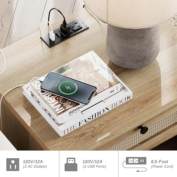 WAMPAT Rattan Nightstand Side Table with Charging Station, Light Wood End Table with 2 Drawers for Living Room, Rustic Farmhouse Night Stand Bedside Table for Bedroom, Oak