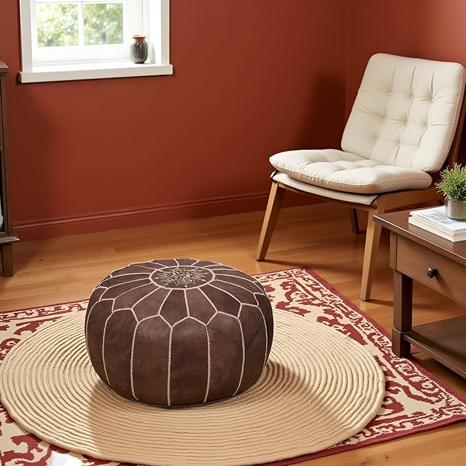 Stuffed Round Design Moroccan Leather Pouf Ottoman, Handmade, Pre-Filled, 100% Genuine Leather, 13” Height x 20” Diameter, Footstool & Living Room Décor (Dark Brown)
