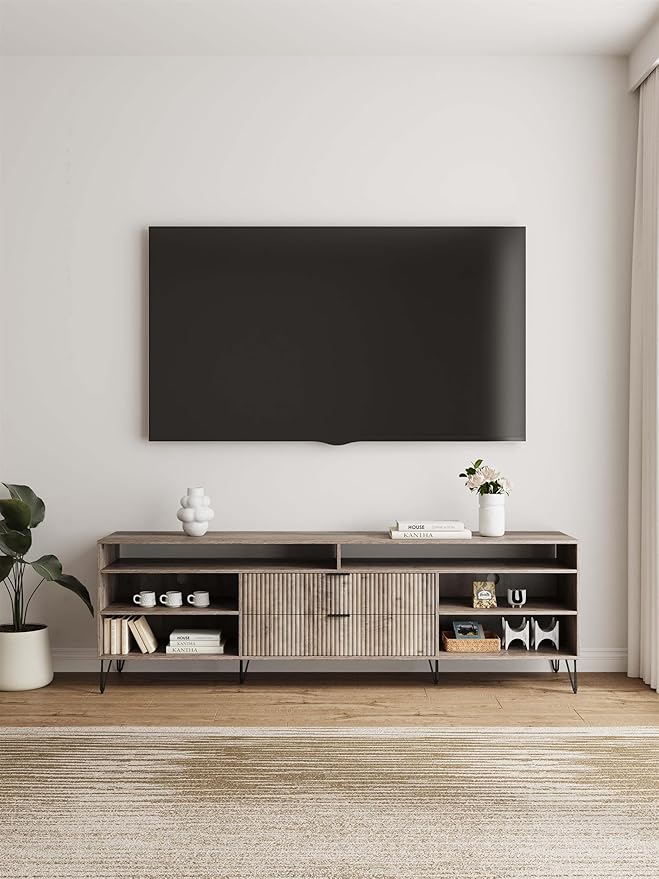 Manhattan Comfort Dumbo Mid Century Modern TV Stand for Televisions up to 80 Inches, Home Entertainment Center with Storage, 6 Shelves, 2 Drawers, No Tool Assembly, 85" Wide, Rustic Grey
