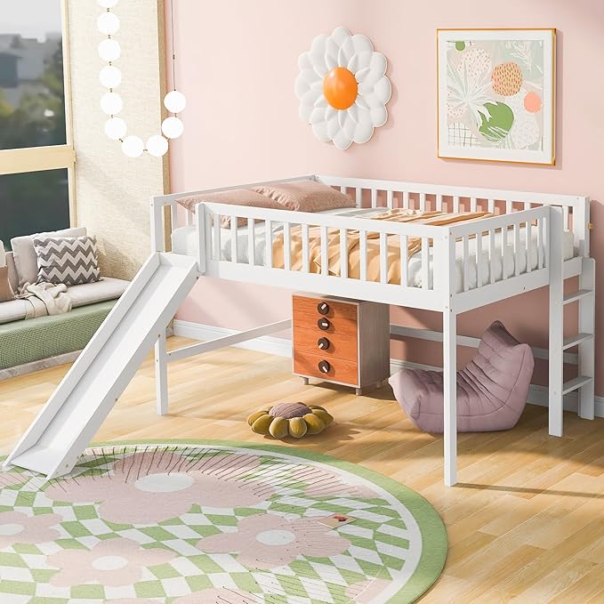 Full Size Low Loft Bed with Ladder and Slide,Vertical Design Wooden Bed Frame, for Kids and Young Teens, No Box Spring Required,Space-Saving,White