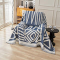 HANDONTIME Boho Chenille Sofa Cover - Denim Blue Reversible Blanket for L Shaped Sectional Couch - Geometric Protector for Dogs, 59" X 71"