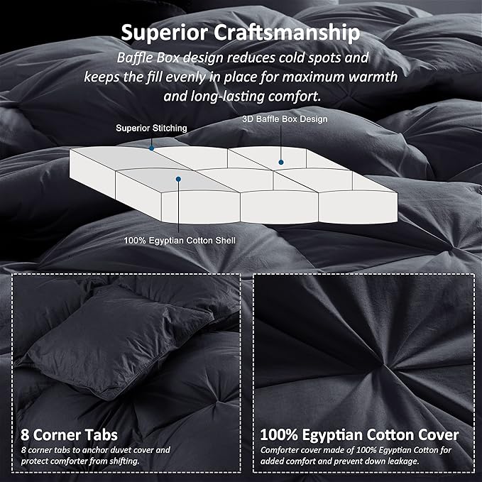 Luxurious All-Season Goose Down Feather Fiber Comforter Queen Size Duvet Insert, Exquisite Black Pinch Pleat Design, Premium Baffle Box, 100% Egyptian Cotton Cover, 65 oz. Fill Weight, Black