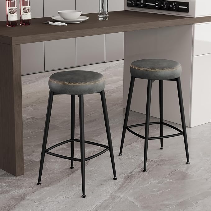 Counter Height Bar Stools, 26" H Backless Bar Stools Set of 8, Upholstered Faux Leather Kitchen Counter Stools, Mid Century Modern, Kitchen Island Home Bar, Pub, Black Grey
