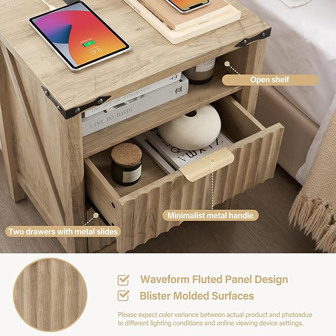 Fluted Nightstand with Charging Station Set of 2-20 Inch Wide Farmhouse Bedside Table with 2 Drawers, Modern Wood End Side Table for Bedroom Study Storage Sunwashed Ash Oak