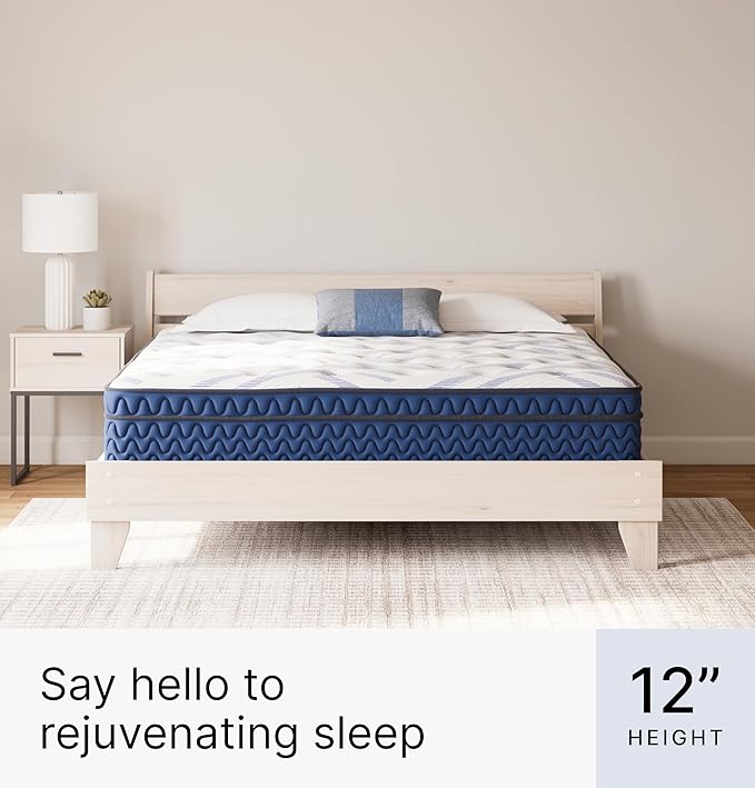 Signature Design by Ashley King Size Stack 12 Inch Hybrid Medium Plush Cooling Gel Infused Memory Foam Mattress for Pressure Relief, Fiberglass Free, Mattress in A Box