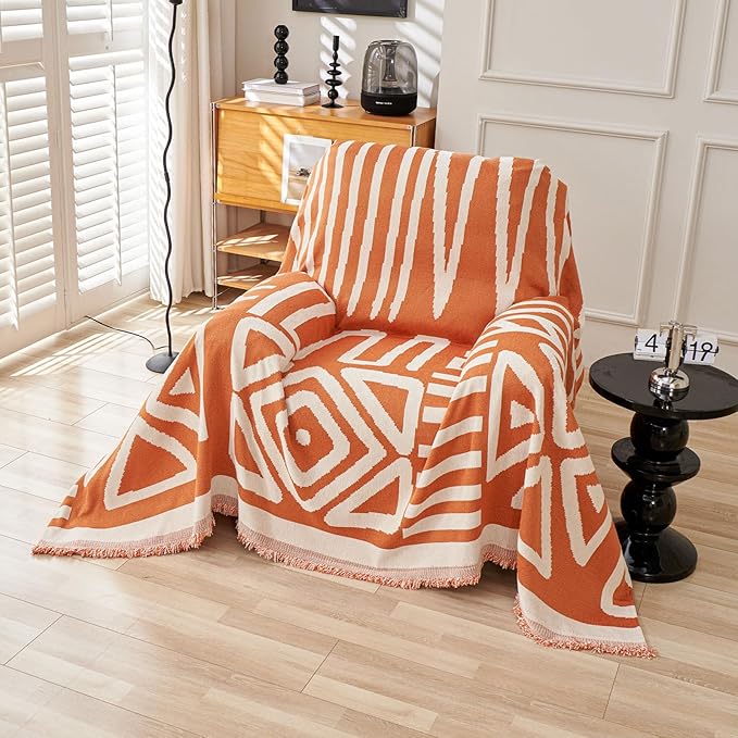 STACYPIK Soft Thick Boho Orange Loveseat Sofa Covers Modern Geometric Couch Cover for 1 Cushion Couch Reversible Pet-Friendly Protector Covers with Tassels Washable Caramel Sofa Throw Covers-71X71IN