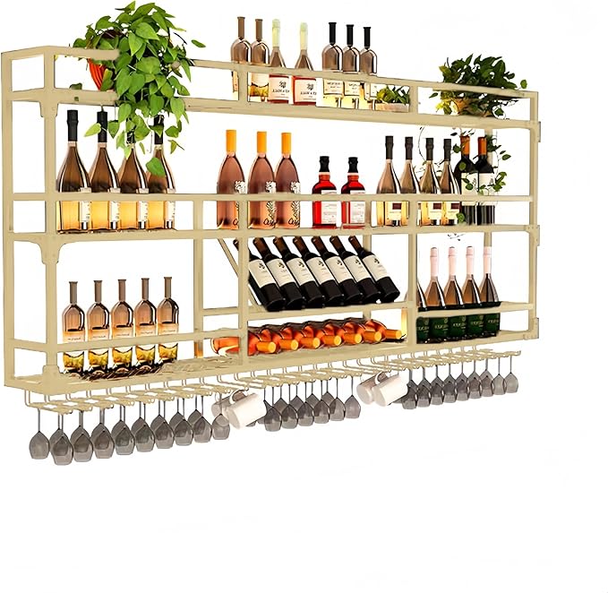 Metal Wall-Mounted Wine Rack with LED Light - 3 Tier Wine Storage Display Rack with Glass Holder - Space-Saving Bottle Display Shelf for Home Bars, Dining Rooms(Gold, 79in/200cm)