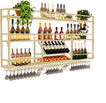 Metal Wall-Mounted Wine Rack with LED Light - 3 Tier Wine Storage Display Rack with Glass Holder - Space-Saving Bottle Display Shelf for Home Bars, Dining Rooms(Gold, 39in/100cm)